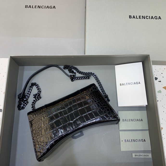 Balenciaga Big Hourglass Wallet With Chain Crocodile Embossed Shoulder Bag Black